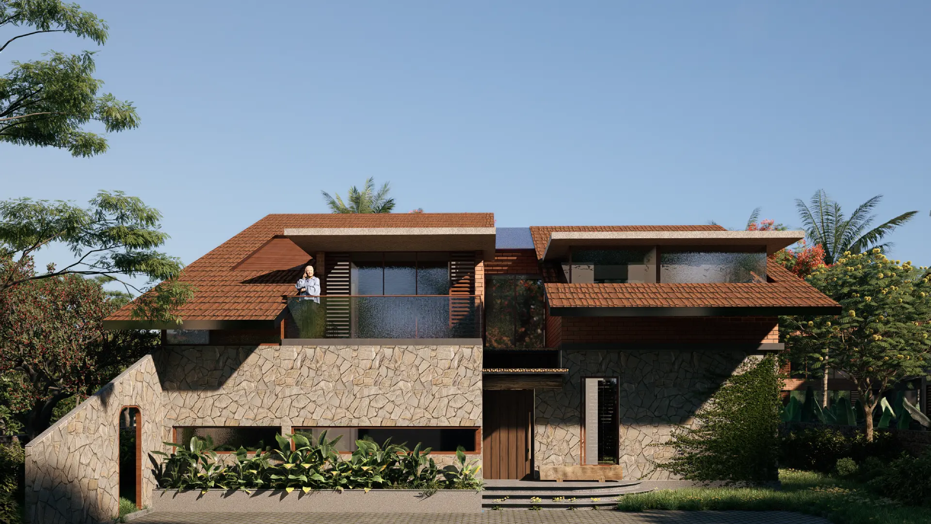 Stone and terracotta villa exterior surrounded by lush trees