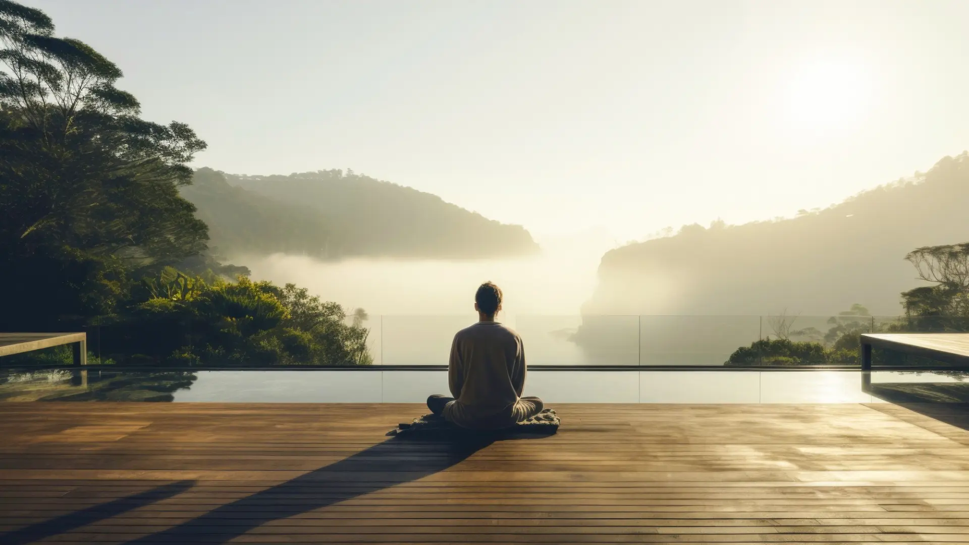 Person sitting peacefully by an infinity pool overlooking misty mountains