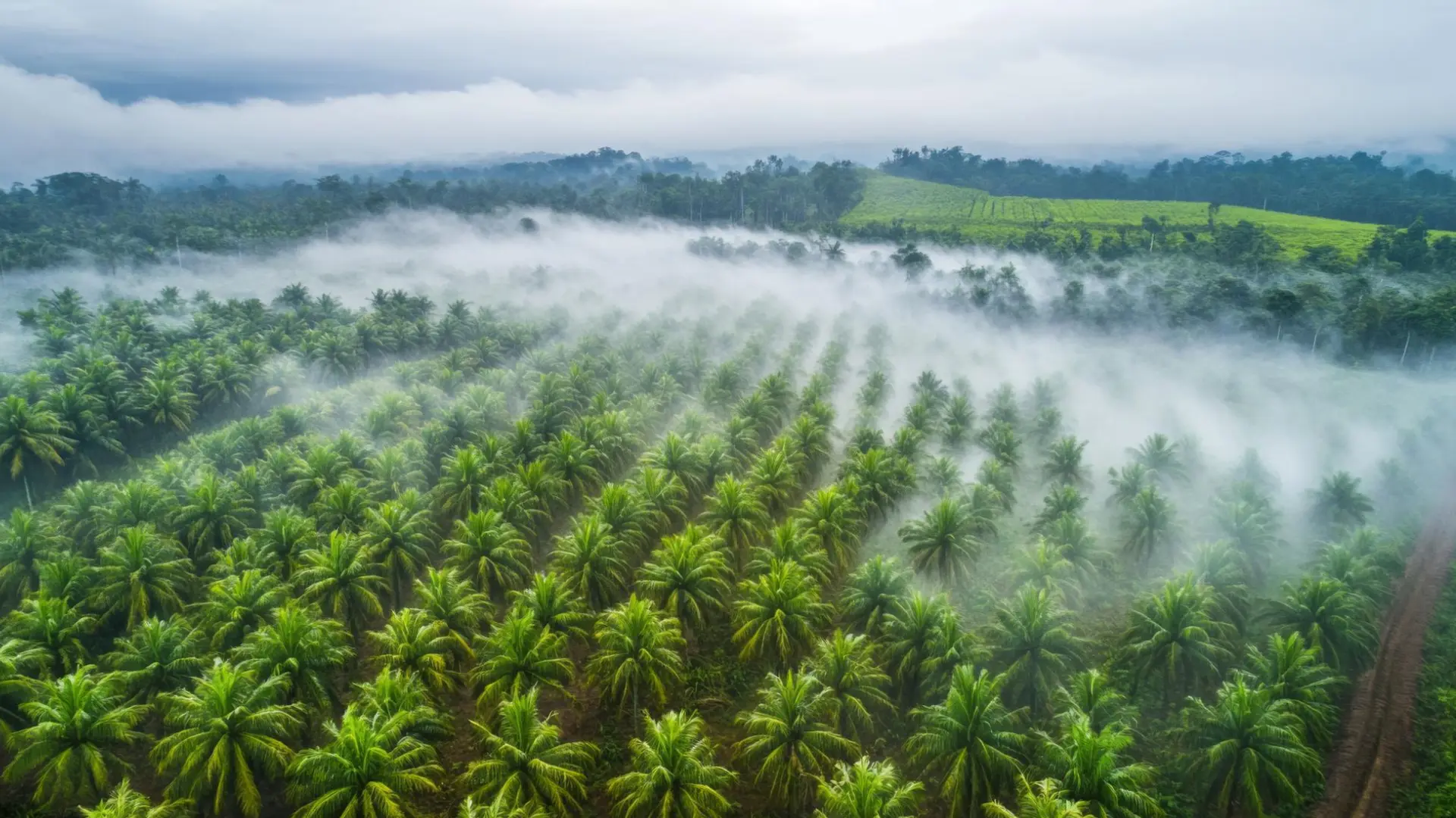 Aerial view of a lush coconut grove plantation with morning mist
