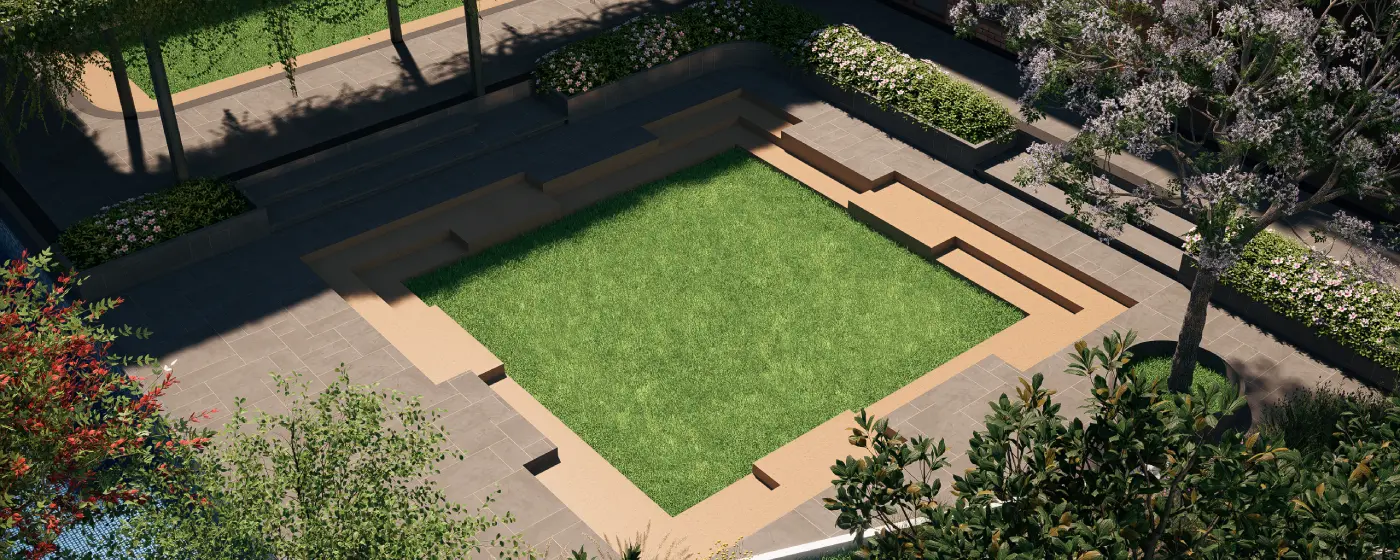 Architectural aerial render of a garden courtyard surrounded by trees