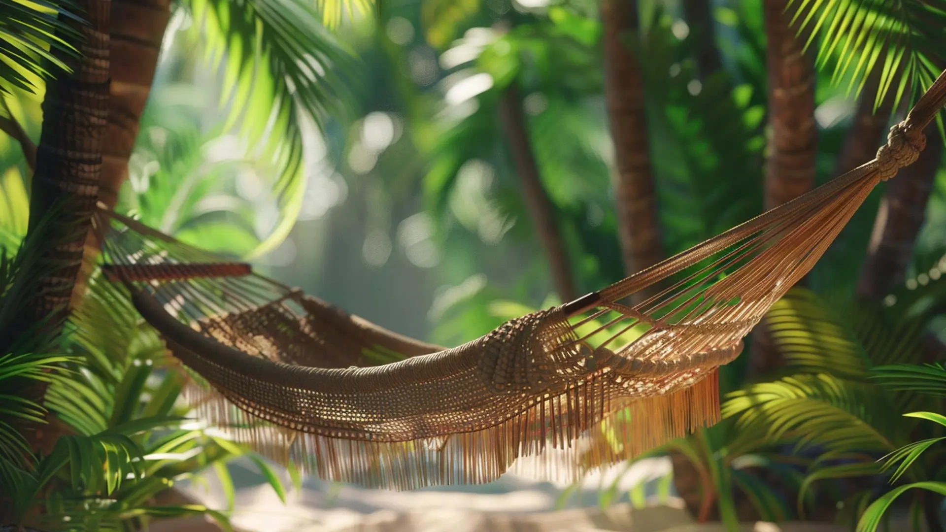 Lush tropical jungle with hammock among coconut palms