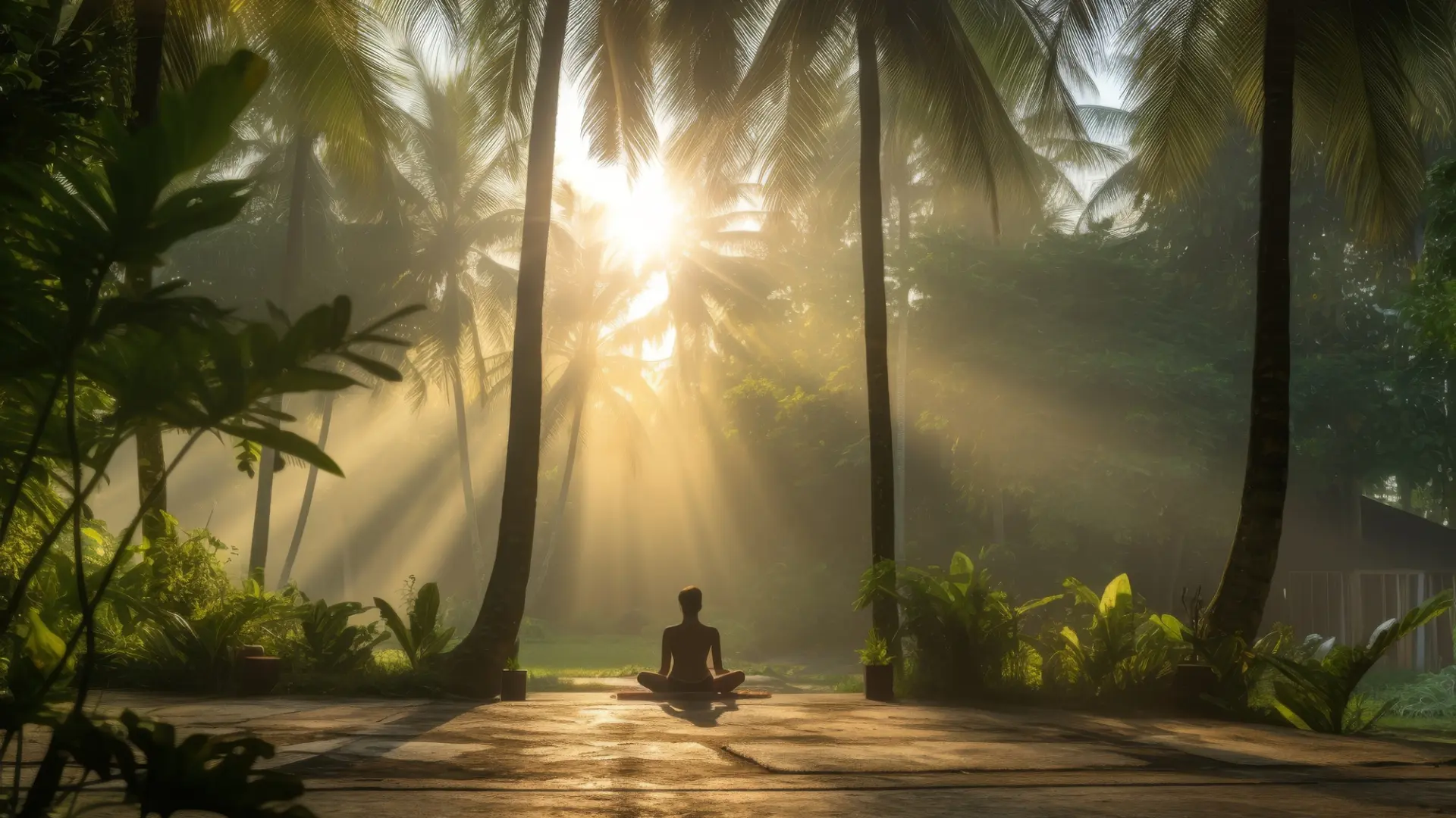 Person meditating in a coconut grove with golden light rays